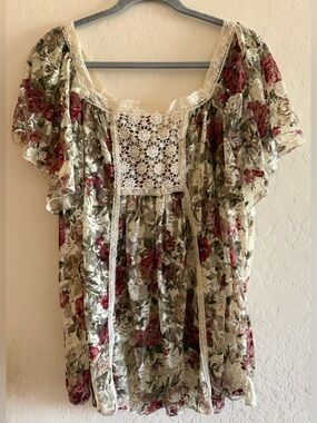 Hayden, 1XL, floral, boho top with crochet detail